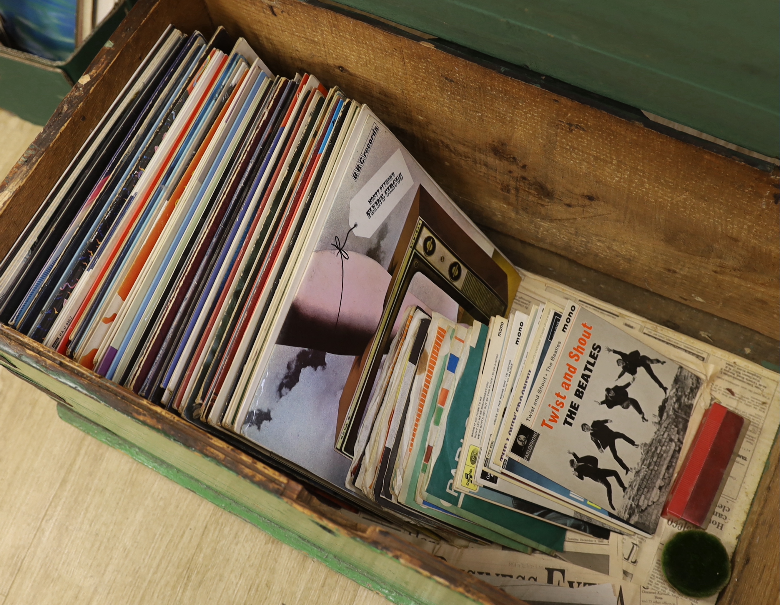 A large collection of jazz, classical and pop record albums and a green painted pine box